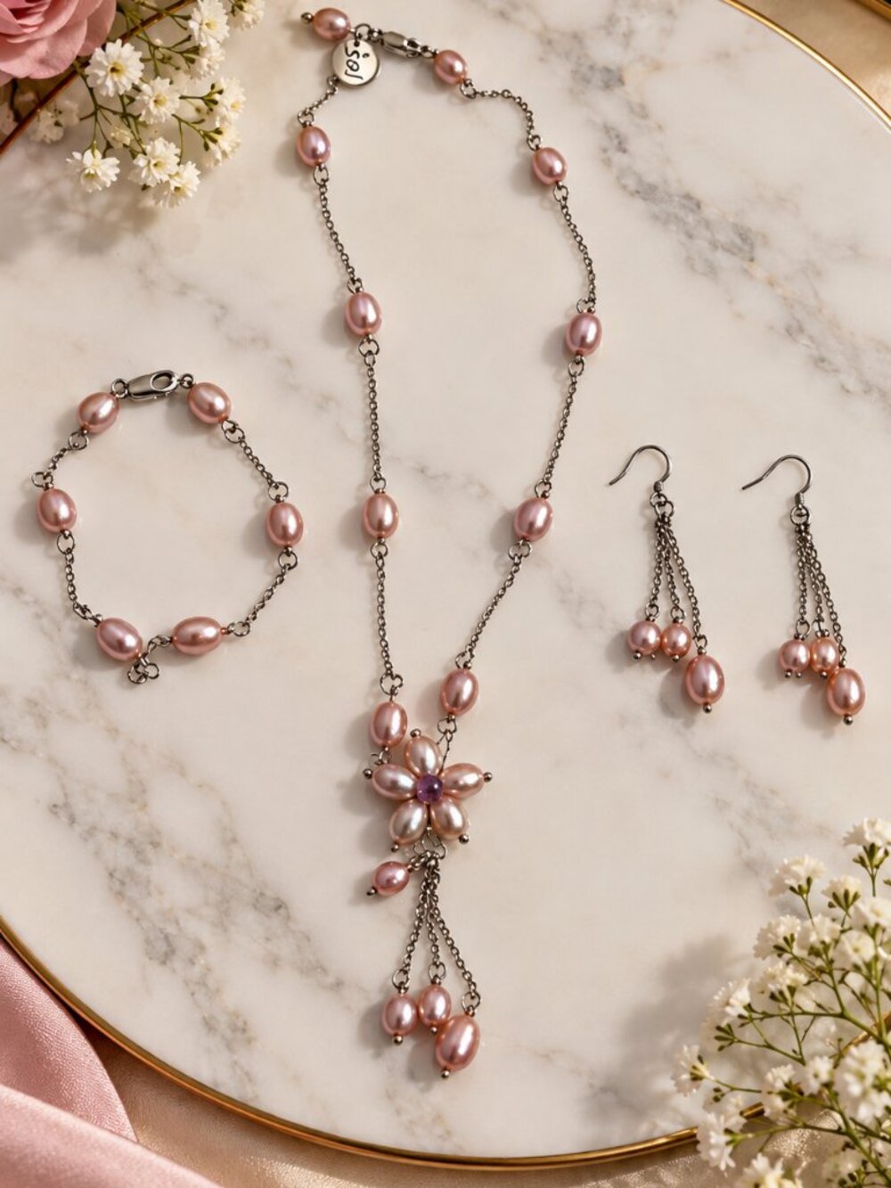 Pink Freshwater Pearl Jewelry Set - 925 Sterling Silver Floral Necklace, Bracele